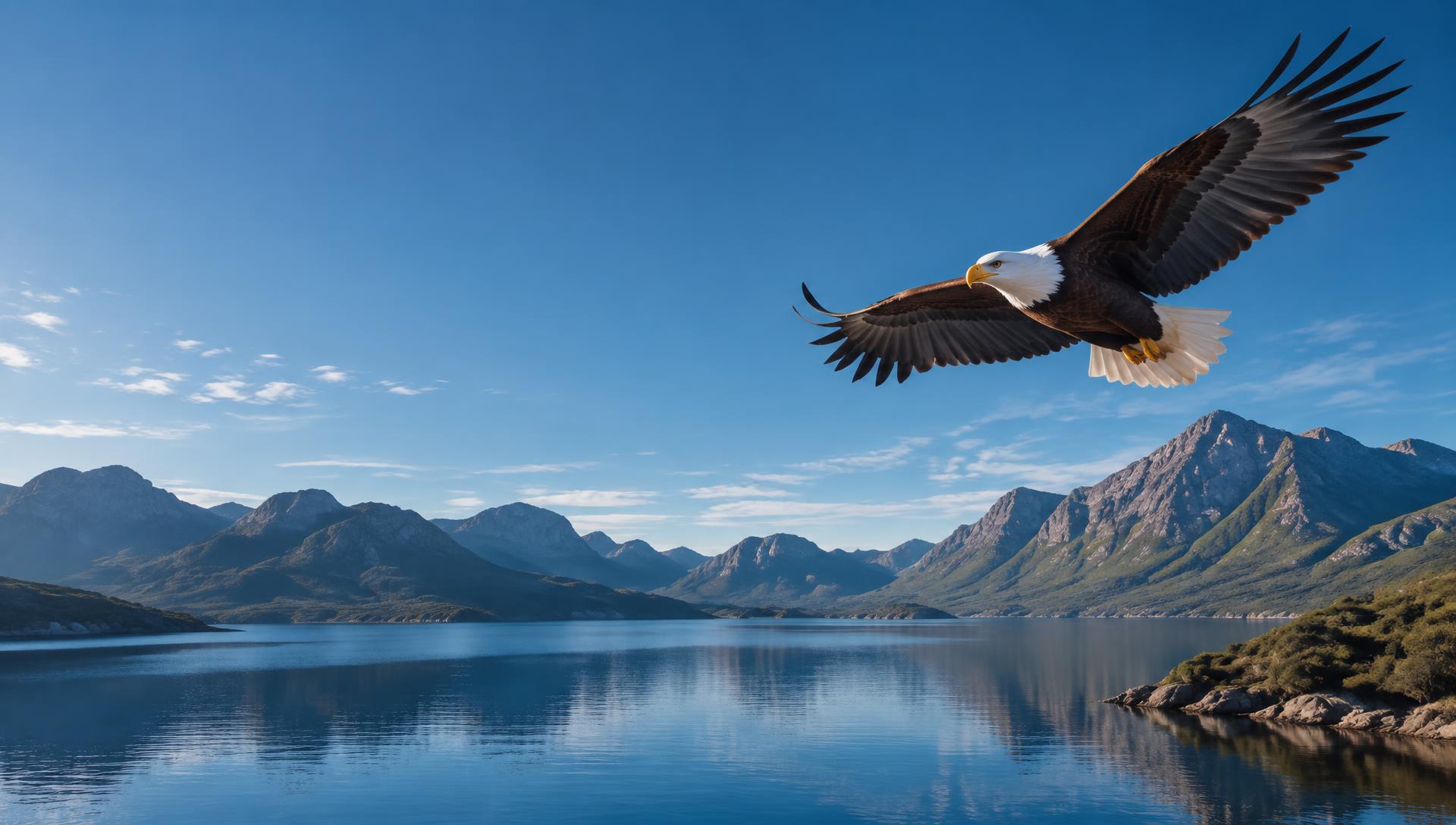 African fish eagle flying over mountains and a clear blue lake